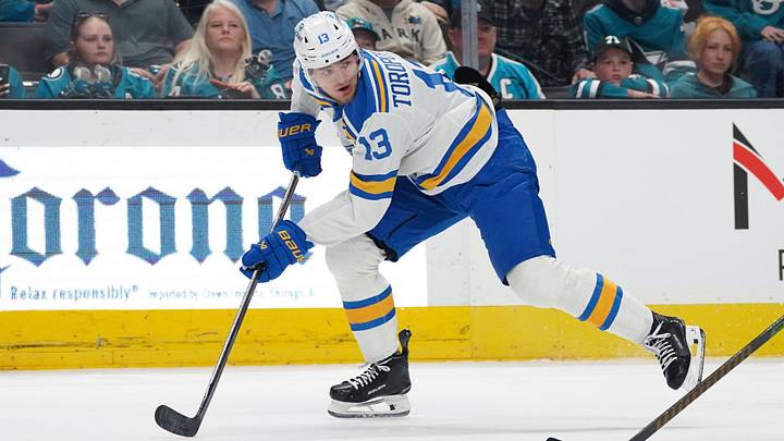 Mar 30, 2026; San Jose, California, USA; St. Louis Blues right winger Alexey Toropchenko (13) waits for the puck against the San Jose Sharks in the first period at SAP Center at San Jose. Mandatory Credit: David Gonzales-Imagn Images Mar 30, 2026; San Jose, California, USA; St. Louis Blues right winger Alexey Toropchenko (13) waits for the puck against the San Jose Sharks in the first period at SAP Center at San Jose. Mandatory Credit: David Gonzales-Imagn Images