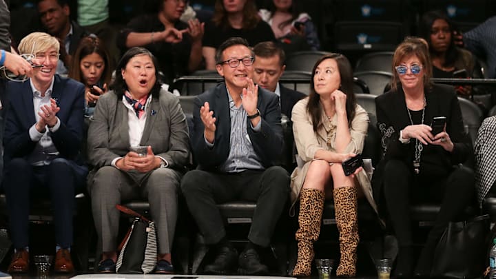 May 9, 2019; New York City, NY, USA; Taiwanese businessman Joe Tsai (center) cheers during the
