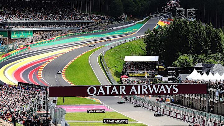 Fernando Alonso of Spain driving the (14) Aston Martin AMR23 Mercedes leads Daniel Ricciardo of Australia driving the (3) Scuderia AlphaTauri AT04 on track during the F1 Grand Prix of Belgium at Circuit de Spa-Francorchamps on July 30, 2023 in Spa, Belgium. (Photo by Peter Fox/Getty Images)