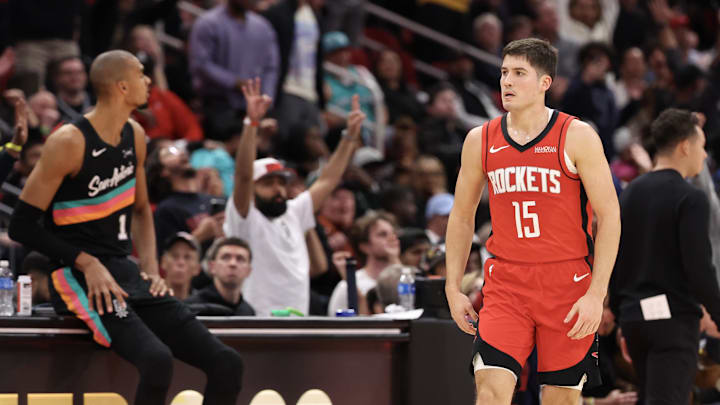 Jan 20, 2026; Houston, Texas, USA; Houston Rockets guard Reed Sheppard (15) reacts to his basket against the San Antonio Spurs in the second half at Toyota Center. Mandatory Credit: Thomas Shea-Imagn Images Jan 20, 2026; Houston, Texas, USA; Houston Rockets guard Reed Sheppard (15) reacts to his basket against the San Antonio Spurs in the second half at Toyota Center. Mandatory Credit: Thomas Shea-Imagn Images