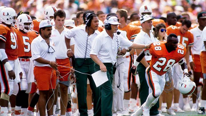 Oct 6, 1990; Miami, FL, USA; FILE PHOTO; Miami Hurricanes head coach Dennis Erickson on the sideline against the Florida State Seminoles at the Orange Bowl. Miami defeated FSU 31-22. Mandatory Credit: USA TODAY Sports