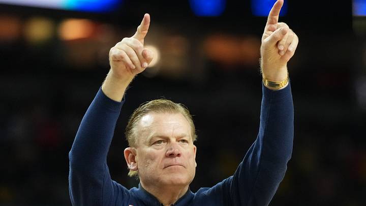 Apr 4, 2026; Indianapolis, IN, USA; Illinois Fighting Illini head coach Brad Underwood reacts against the Connecticut Huskies in the second half during a semifinal of the Final Four of the men's 2026 NCAA Tournament at Lucas Oil Stadium. Mandatory Credit: Robert Deutsch-Imagn Images Apr 4, 2026; Indianapolis, IN, USA; Illinois Fighting Illini head coach Brad Underwood reacts against the Connecticut Huskies in the second half during a semifinal of the Final Four of the men's 2026 NCAA Tournament at Lucas Oil Stadium. Mandatory Credit: Robert Deutsch-Imagn Images