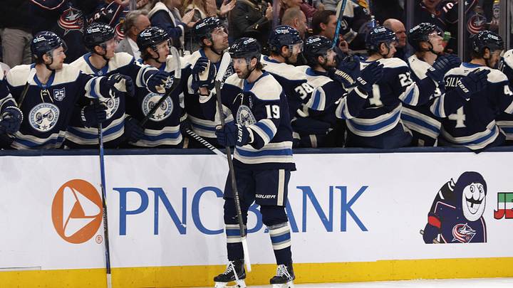 Mar 31, 2026; Columbus, Ohio, USA; Columbus Blue Jackets center Adam Fantilli (19) celebrates his goal against the Carolina Hurricanes during the third period at Nationwide Arena. Mandatory Credit: Russell LaBounty-Imagn Images