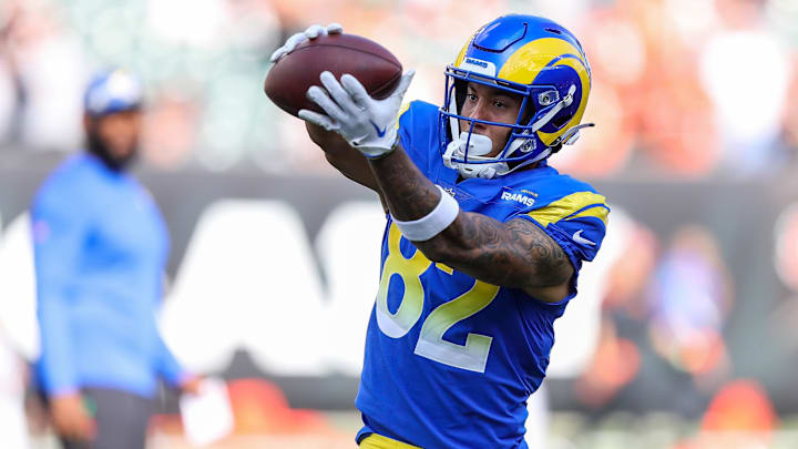Aug 27, 2022; Cincinnati, Ohio, USA; Los Angeles Rams wide receiver Lance McCutcheon (82) catches a pass during warmups prior to the game against the Cincinnati Bengals at Paycor Stadium. Mandatory Credit: Katie Stratman-Imagn Images