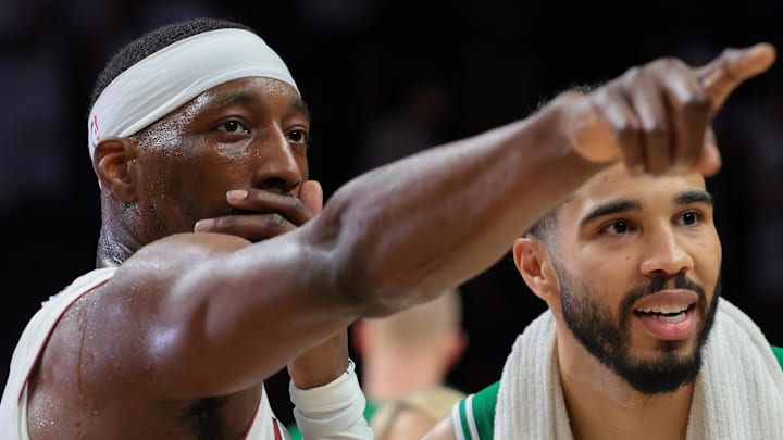 Miami Heat center Bam Adebayo (13) signals (Mandatory Credit: Sam Navarro-Imagn Images)