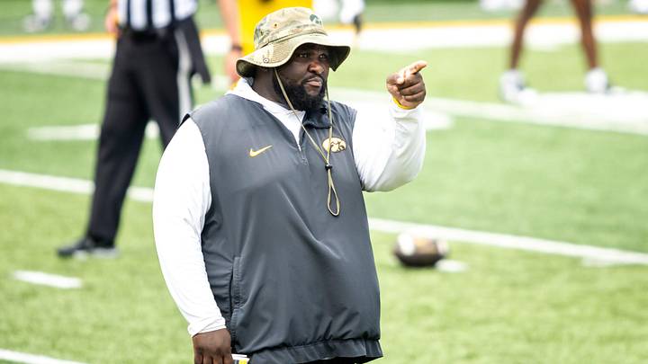 Aug 9, 2025; Iowa defensive line coach Kelvin Bell gestures during the Hawkeyes Kids Day NCAA football open practice at Kinnick Stadium in Iowa City, Iowa. Mandatory Credit: Joseph Cress for the Des Moines Register Aug 9, 2025; Iowa defensive line coach Kelvin Bell gestures during the Hawkeyes Kids Day NCAA football open practice at Kinnick Stadium in Iowa City, Iowa. Mandatory Credit: Joseph Cress for the Des Moines Register