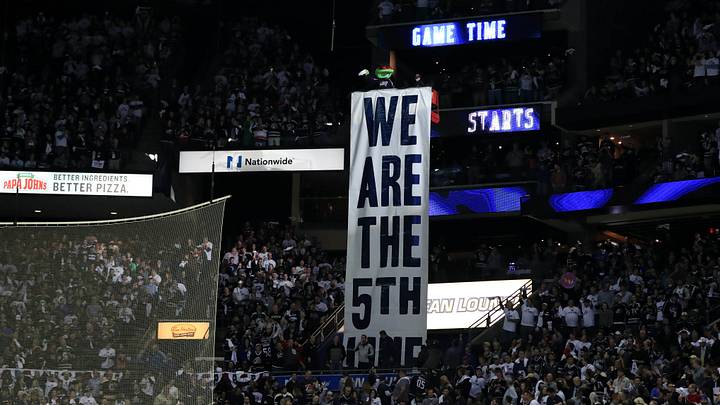 Apr 16, 2019; Columbus, OH, USA; Columbus mascot Stinger stands over the 5th Line banner prior to game four of the first round of the 2019 Stanley Cup Playoffs in the game of the Tampa Bay Lightning against the Columbus Blue Jackets at Nationwide Arena. Mandatory Credit: Aaron Doster-USA TODAY Sports Apr 16, 2019; Columbus, OH, USA; Columbus mascot Stinger stands over the 5th Line banner prior to game four of the first round of the 2019 Stanley Cup Playoffs in the game of the Tampa Bay Lightning against the Columbus Blue Jackets at Nationwide Arena. Mandatory Credit: Aaron Doster-USA TODAY Sports