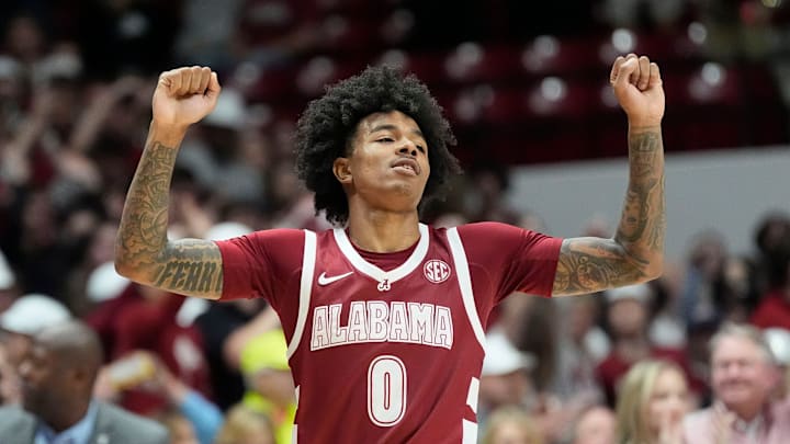 Dec 14, 2024; Tuscaloosa, AL, USA; Alabama guard Labaron Philon (0) celebrates in the closing moments of the game with Creighton at Coleman Coliseum. Alabama defeated Creighton 83-75. Mandatory Credit: Gary Cosby Jr.-Tuscaloosa News