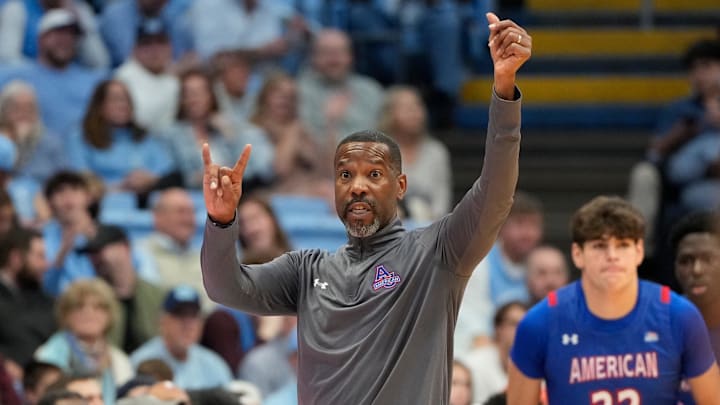 American University Eagles head coach Duane Simpkins reacts in the first half of a Nov. 2024 game against the University of North Carolina at Dean E. Smith Center. 