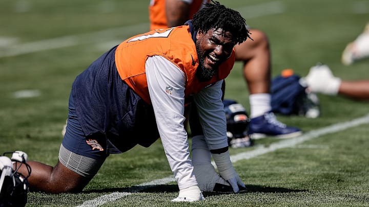 Jul 23, 2025; Englewood, CO, USA; Denver Broncos defensive tackle Malcolm Roach (97) during Denver Broncos Training Camp. Mandatory Credit: Isaiah J. Downing-Imagn Images
