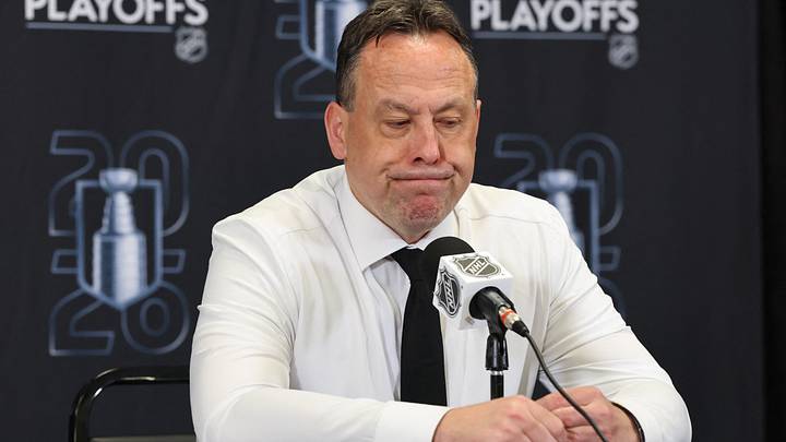 May 1, 2026; Boston, Massachusetts, USA; Boston Bruins head coach Marco Sturm looks down during a press conference following their 4-1 loss to the Buffalo Sabres in game six of the first round of the 2026 Stanley Cup Playoffs at TD Garden. Mandatory Credit: Winslow Townson-Imagn Images