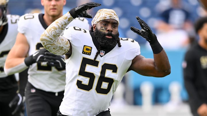 Dec 28, 2025; Nashville, Tennessee, USA;  New Orleans Saints linebacker Demario Davis (56) stretches against the Tennessee Titans during pre-game warmups at Nissan Stadium. Mandatory Credit: Steve Roberts-Imagn Images