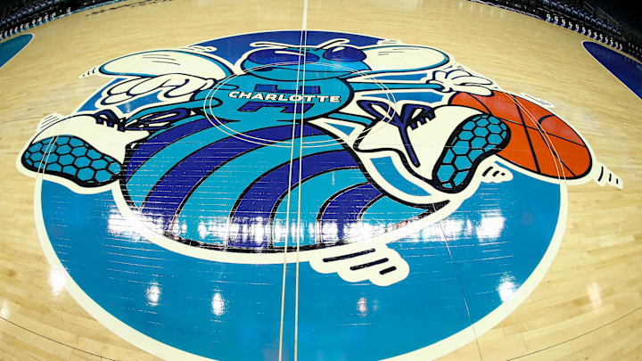 Jan 19, 2019; Charlotte, NC, USA; A detail view of the center court logo for Classic Night game between the Charlotte Hornets and the Phoenix Suns at Spectrum Center. Mandatory Credit: Jeremy Brevard-Imagn Images