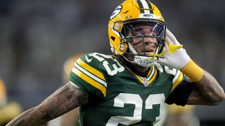 Green Bay Packers cornerback Jaire Alexander (23) reacts after intercepting a pass during the first quarter of the wild card playoff game against the Dallas Cowboys Sunday, January 14, 2024 at AT&T Stadium in Arlington, Texas. Green Bay Packers cornerback Jaire Alexander (23) reacts after intercepting a pass during the first quarter of the wild card playoff game against the Dallas Cowboys Sunday, January 14, 2024 at AT&T Stadium in Arlington, Texas.