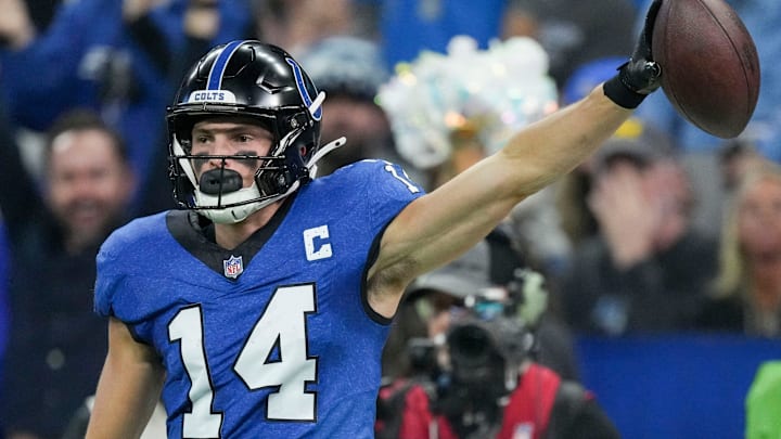 Indianapolis Colts wide receiver Alec Pierce (14) celebrates after making a catch Sunday, Nov. 24, 2024, during a game against the Detroit Lions at Lucas Oil Stadium in Indianapolis.