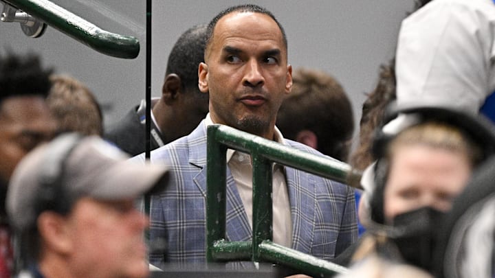 Apr 9, 2025; Dallas, Texas, USA; Dallas Mavericks general manager Nico Harrison during the game between the Dallas Mavericks and the Los Angeles Lakers at American Airlines Center. Mandatory Credit: Jerome Miron-Imagn Images