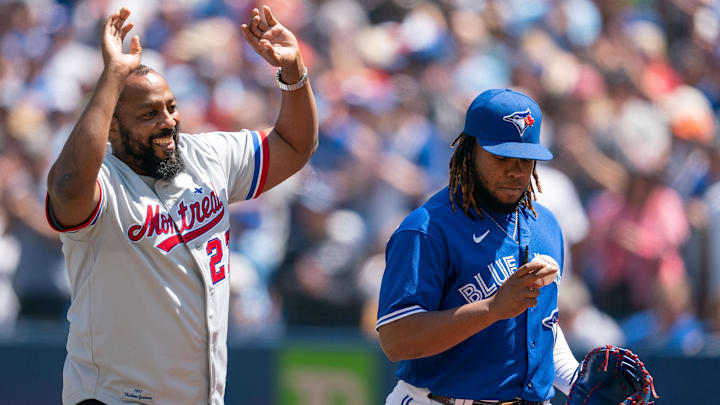 Jul 2, 2022; Toronto, Ontario, CAN; Montreal Expos former player Vladimir Guerrero Sr. acknowledges