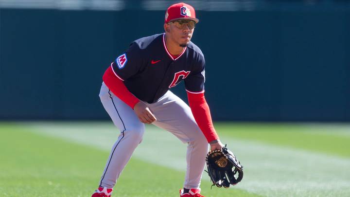 Feb 24, 2026; Phoenix, Arizona, USA; Cleveland Guardians infielder Angel Genao against the Los Angeles Dodgers during a spring training game at Camelback Ranch-Glendale. Mandatory Credit: Mark J. Rebilas-Imagn Images Feb 24, 2026; Phoenix, Arizona, USA; Cleveland Guardians infielder Angel Genao against the Los Angeles Dodgers during a spring training game at Camelback Ranch-Glendale. Mandatory Credit: Mark J. Rebilas-Imagn Images