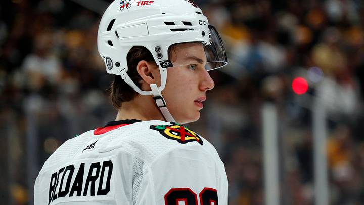 Oct 10, 2023; Pittsburgh, Pennsylvania, USA; Chicago Blackhawks center Connor Bedard (98) looks on before a face-off against the Pittsburgh Penguins during the first period at the PPG Paints Arena. Bedard is making his NHL debut. Mandatory Credit: Charles LeClaire-USA TODAY Sports