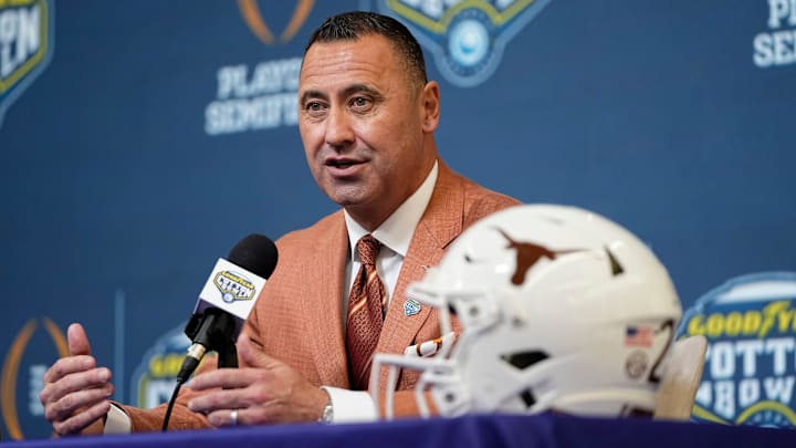 Texas Longhorns head coach Steve Sarkisian speaks during a press conference at AT&T Stadium prior to the College Football Playoff semifinal at the Cotton Bowl Classic in Arlington, Texas on Jan. 9, 2025.