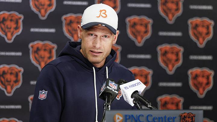 May 8, 2026; Lake Forest, IL, USA; Chicago Bears head coach Ben Johnson addresses the media at Halas Hall before Rookie Minicamp. Mandatory Credit: Kamil Krzaczynski-Imagn Images