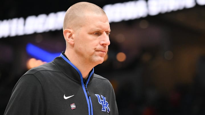 Mar 22, 2026; St. Louis, MO, USA; Kentucky Wildcats head coach Mark Pope looks on after the game against the Iowa State Cyclones during a second round game of the men's 2026 NCAA Tournament at Enterprise Center. Mandatory Credit: Jeff Curry-Imagn Images