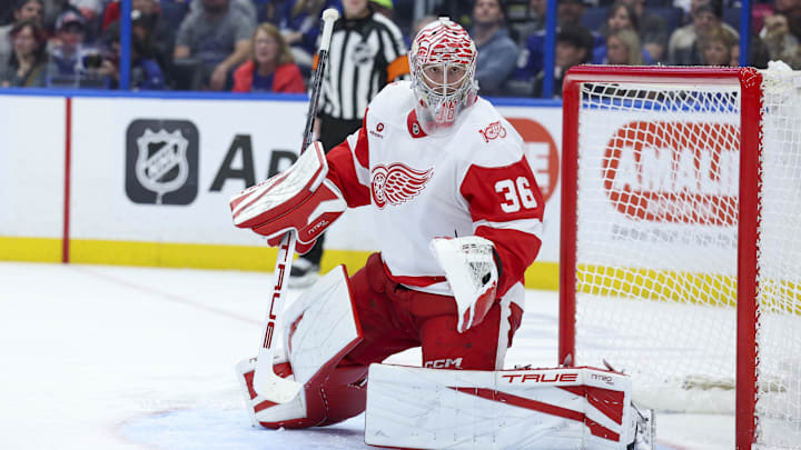 Mar 12, 2026; Tampa, Florida, USA; Detroit Red Wings goaltender John Gibson (36) looks on against the Tampa Bay Lightning in the third period at Benchmark International Arena. Mandatory Credit: Nathan Ray Seebeck-Imagn Images