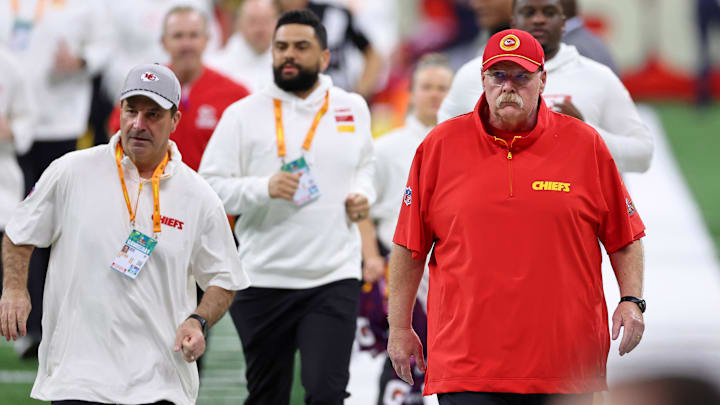 Feb 9, 2025; New Orleans, LA, USA; Kansas City Chiefs head coach Andy Reid on the sideline before Super Bowl LIX between the Philadelphia Eagles and the Kansas City Chiefs at Caesars Superdome. Mandatory Credit: Bill Streicher-Imagn Images