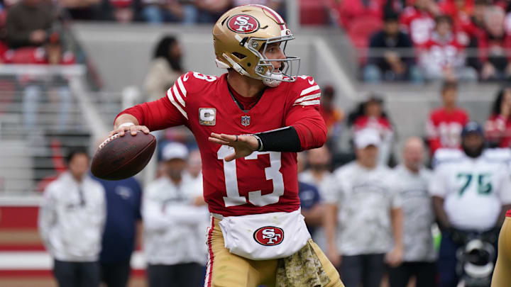 Nov 17, 2024; Santa Clara, California, USA; San Francisco 49ers quarterback Brock Purdy (13) throws a pass against the Seattle Seahawks in the second quarter at Levi's Stadium. Mandatory Credit: David Gonzales-Imagn Images