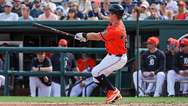 Mar 1, 2026; Lakeland, Florida, USA; Detroit Tigers shortstop Kevin McGonigle (85) bats during the third inning against the Toronto Blue Jays at Publix Field at Joker Marchant Stadium. Mandatory Credit: Mike Watters-Imagn Images