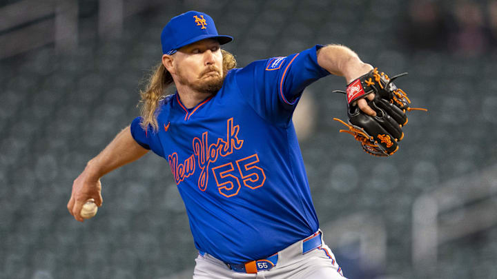 Apr 14, 2025; Minneapolis, Minnesota, USA; New York Mets relief pitcher Ryne Stanek (55) delivers a pitch against the Minnesota Twins in the ninth inning at Target Field. Mandatory Credit: Jesse Johnson-Imagn Images
