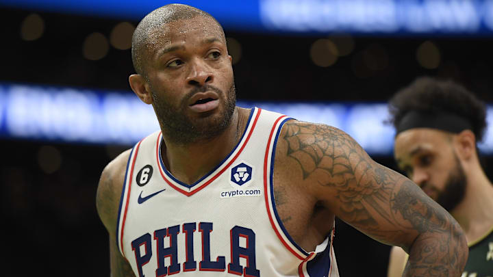 May 9, 2023; Boston, Massachusetts, USA; Philadelphia 76ers forward P.J. Tucker (17) in the second half during game five of the 2023 NBA playoffs against the Boston Celtics at TD Garden. Mandatory Credit: Bob DeChiara-Imagn Images