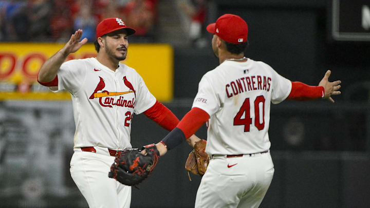 Jun 24, 2025; St. Louis, Missouri, USA; St. Louis Cardinals third baseman Nolan Arenado (28) celebrates with first baseman Willson Contreras (40) after the Cardinals defeated the Chicago Cubs at Busch Stadium. Mandatory Credit: Jeff Curry-Imagn Images Jun 24, 2025; St. Louis, Missouri, USA; St. Louis Cardinals third baseman Nolan Arenado (28) celebrates with first baseman Willson Contreras (40) after the Cardinals defeated the Chicago Cubs at Busch Stadium. Mandatory Credit: Jeff Curry-Imagn Images