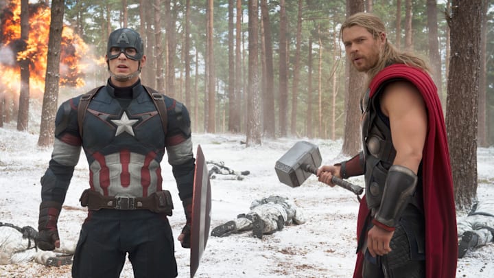 Marvel's Avengers: Age Of Ultron..L to R: Captain America/Steve Rogers (Chris Evans) and Thor (Chris Hemsworth)..Ph: Jay Maidment..©Marvel 2015