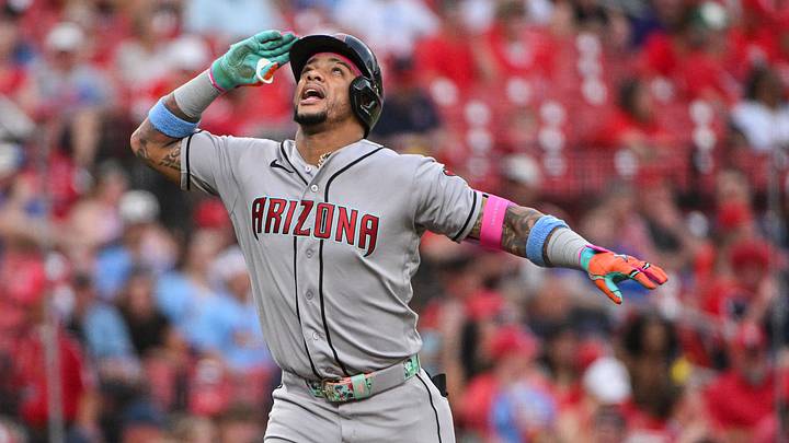 Jun 24, 2026; St. Louis, Missouri, USA; Arizona Diamondbacks designated hitter Ketel Marte (4) reacts as he runs the bases after hitting a solo home run against the St. Louis Cardinals during the fourth inning at Busch Stadium. Mandatory Credit: Jeff Curry-Imagn Images