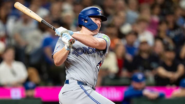 Jul 3, 2026; Seattle, Washington, USA;  Toronto Blue Jays designated hitter Sean Keys (20) takes a swing during an at-bat against the Seattle Mariners at T-Mobile Park. Mandatory Credit: Stephen Brashear-Imagn Images