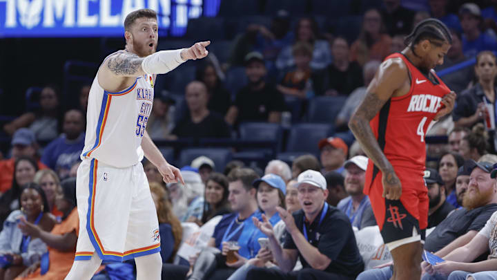 Oct 9, 2024; Oklahoma City, Oklahoma, USA; Oklahoma City Thunder center Isaiah Hartenstein (55) gestures after a play against the Houston Rockets during the second quarter at Paycom Center. Mandatory Credit: Alonzo Adams-Imagn Images