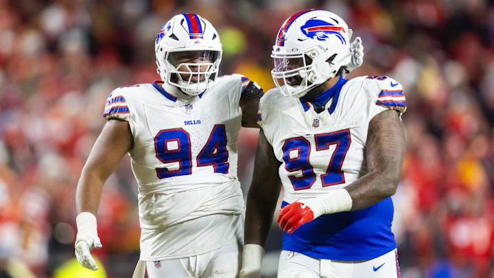 Jan 26, 2025; Kansas City, MO, USA; Buffalo Bills defensive end Dawuane Smoot (94) with defensive tackle Jordan Phillips (97) against the Kansas City Chiefs during the AFC Championship Game