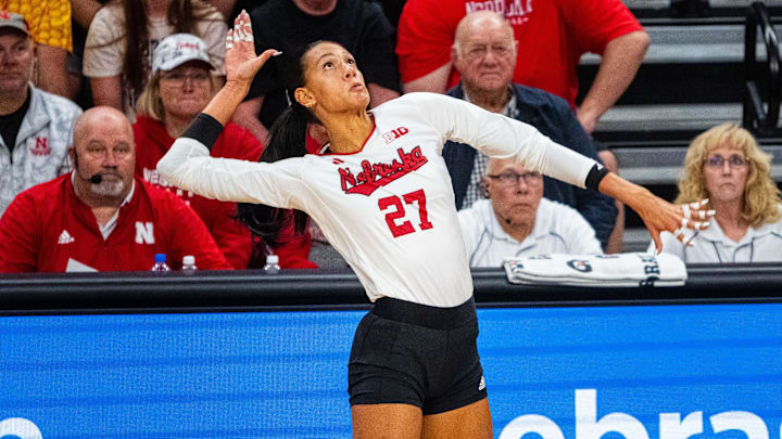 Nebraska Cornhuskers outside hitter Harper Murray (27) attacks