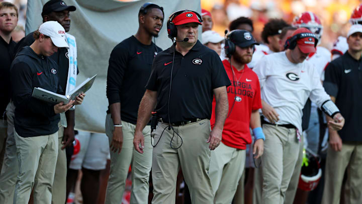 Sep 13, 2025; Knoxville, Tennessee, USA; Georgia Bulldogs head coach Kirby Smart looks on during overtime against the Tennessee Volunteers at Neyland Stadium. Mandatory Credit: Alan Poizner-Imagn Images