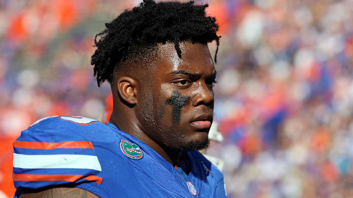 Nov 16, 2024; Gainesville, Florida, USA; Florida Gators defensive lineman Cam Jackson (99) looks on prior to the game against the LSU Tigers at Ben Hill Griffin Stadium. Mandatory Credit: Kim Klement Neitzel-Imagn Images