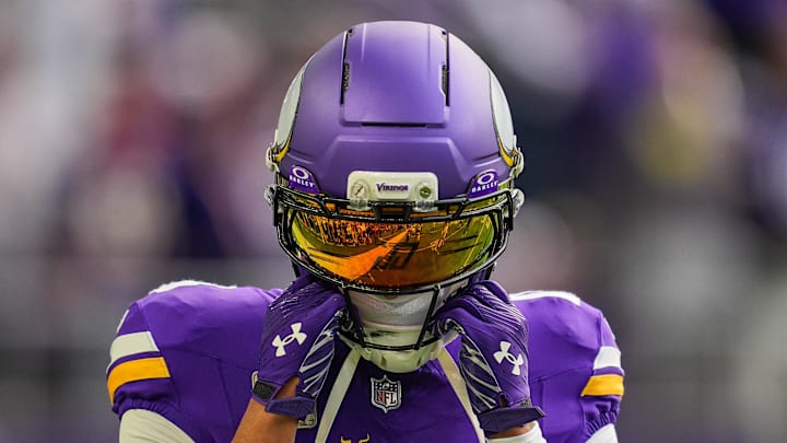 Nov 9, 2025; Minneapolis, Minnesota, USA; Minnesota Vikings wide receiver Justin Jefferson (18) before the game against the Baltimore Ravens at U.S. Bank Stadium. Nov 9, 2025; Minneapolis, Minnesota, USA; Minnesota Vikings wide receiver Justin Jefferson (18) before the game against the Baltimore Ravens at U.S. Bank Stadium.