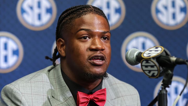 Former Arkansas Razorbacks linebacker Xavian Sorey Jr. answers questions from the media during the SEC Media Days.