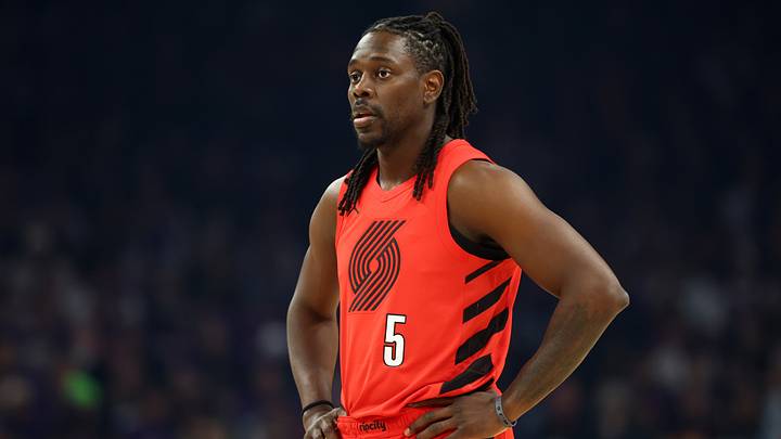 Apr 14, 2026; Phoenix, Arizona, USA; Portland Trail Blazers guard Jrue Holiday (5) against the Phoenix Suns during the play-in rounds of the 2026 NBA Playoffs at Mortgage Matchup Center. Mandatory Credit: Mark J. Rebilas-Imagn Images Apr 14, 2026; Phoenix, Arizona, USA; Portland Trail Blazers guard Jrue Holiday (5) against the Phoenix Suns during the play-in rounds of the 2026 NBA Playoffs at Mortgage Matchup Center. Mandatory Credit: Mark J. Rebilas-Imagn Images