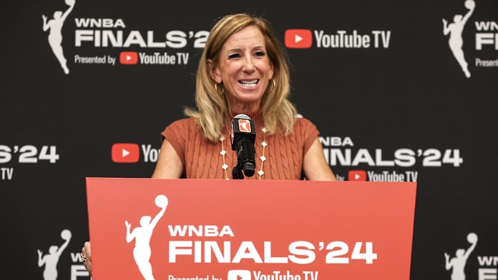 Oct 10, 2024; Brooklyn, New York, USA;  WNBA Commissioner Cathy Engelbert holds a press conference before game one of the WNBA Finals at Barclays Center. Mandatory Credit: Wendell Cruz-Imagn Images