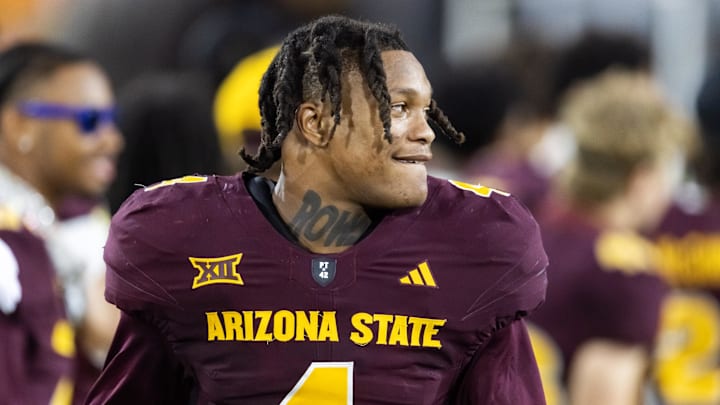 Nov 28, 2025; Tempe, Arizona, USA; Arizona State Sun Devils defensive back Myles Rowser (4) against the Arizona Wildcats during the 99th Territorial Cup at Mountain America Stadium.  