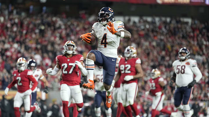Dec 28, 2025; Santa Clara, California, USA; Chicago Bears running back D'Andre Swift (4) scores a touchdown against the San Francisco 49ers in the second half at Levi's Stadium. Mandatory Credit: Kyle Terada-Imagn Images Dec 28, 2025; Santa Clara, California, USA; Chicago Bears running back D'Andre Swift (4) scores a touchdown against the San Francisco 49ers in the second half at Levi's Stadium. Mandatory Credit: Kyle Terada-Imagn Images