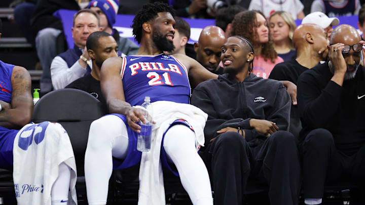 Mar 25, 2026; Philadelphia, Pennsylvania, USA; Philadelphia 76ers center Joel Embiid (21) and Tyrese Maxey (R) talk on the bench during the fourth quarter against the Chicago Bulls at Xfinity Mobile Arena. Mandatory Credit: Bill Streicher-Imagn Images Mar 25, 2026; Philadelphia, Pennsylvania, USA; Philadelphia 76ers center Joel Embiid (21) and Tyrese Maxey (R) talk on the bench during the fourth quarter against the Chicago Bulls at Xfinity Mobile Arena. Mandatory Credit: Bill Streicher-Imagn Images