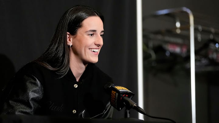 Caitlin Clark speaks to the media before the Iowa women’s bakset ball game against USC and her jersey retirement Sunday, Feb. 2, 2025 at Carver-Hawkeye Arena in Iowa City, Iowa.