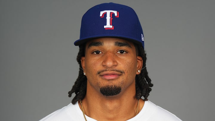 Feb 19, 2025; Surprise, AZ, USA; Texas Rangers pitcher Marc Church (68) poses for a photo during Media Day at Surprise Stadium. 
